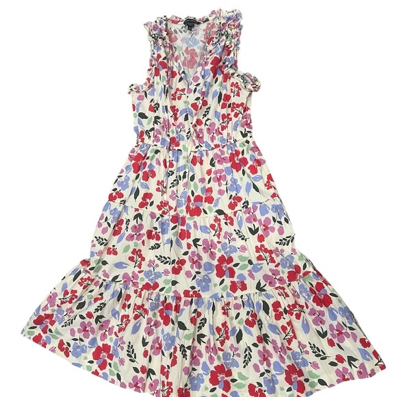 MAGGY LONDON Midi Floral Dress Ruffle Side Pocket Stretchable Waist Multicolor - Picture 1 of 8